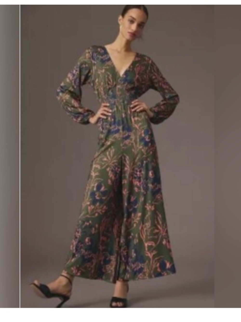 Hutch Anthropologie Satin bow tie jumpsuit olive army green coral navy floral